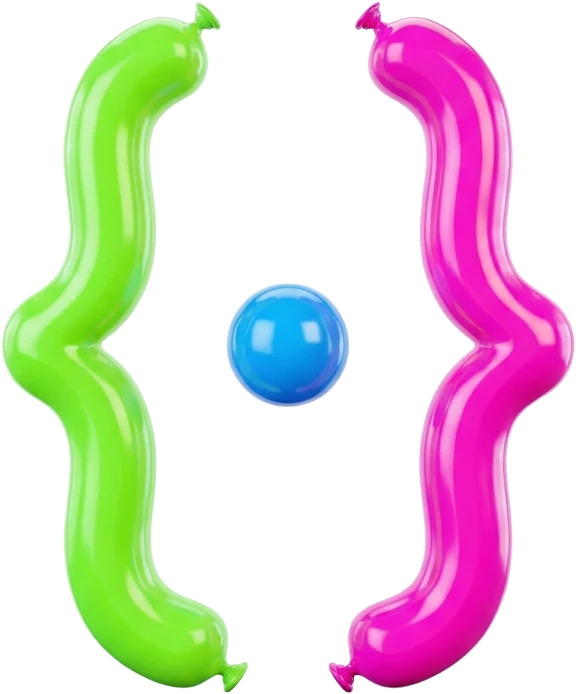 Llaves de código hechas con globos verde y magenta y una esfera azul, en 3D brillante