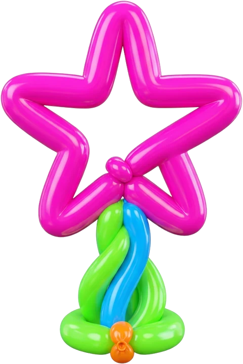 Estrella magenta hecha con un globo torcido sobre una base verde y azul, en 3D brillante