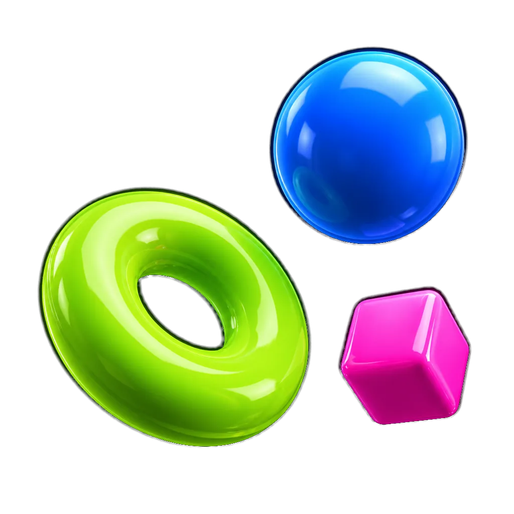 Dona verde neón, esfera azul y cubo magenta en 3D brillante