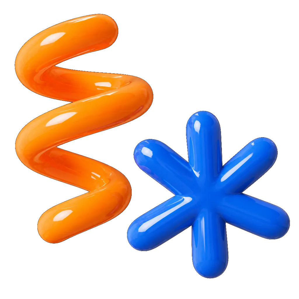Espiral naranja y asterisco azul en 3D brillante